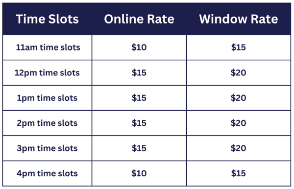 Mountain Coaster Time Slot and Pricing Grid